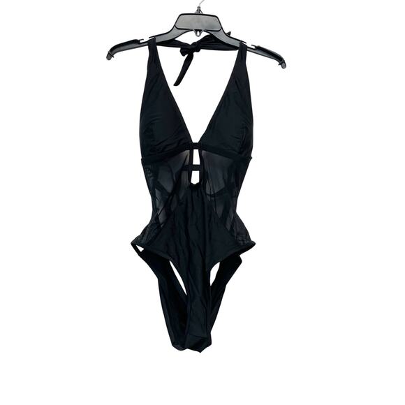 Cupshe Women's Mesh Plunging Halter One Piece Swimsuit Black Size Large - Picture 1 of 7